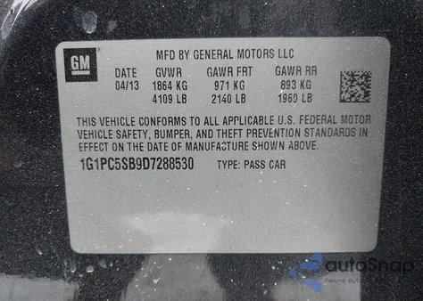 2013 Chevrolet Cruze 1Lt Auto из США, поврежденный, VIN 1G1PC5SB9D7288530